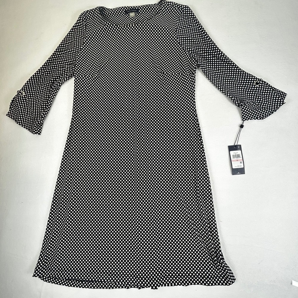 Tommy Hilfiger Women Black White Polka Dot Dress Size 10 Bell Sleeve MSRP $99